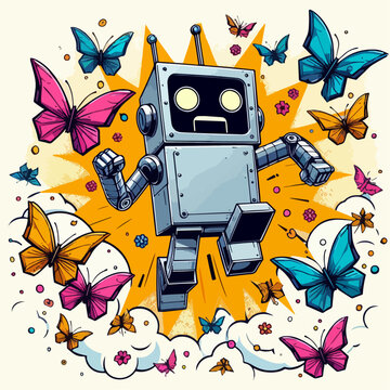 running robot with colored buttlerfly background