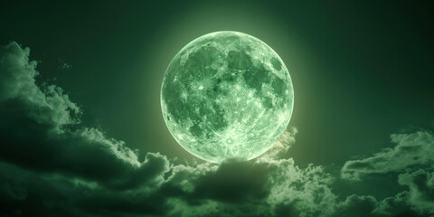 A haunting Halloween scene unfolds in a cinematic mystery as a luminous green and white moon dominates the cloudy night sky. The ethereal glow casts an eerie, spooky atmosphere with dark greenish hues