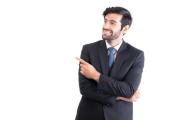 Portrait cheerful excited joyful satisfied handsome attractive fashionable macho business man in formal outfit pointing to empty blank copyspace isolated on white background copy space
