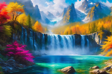 Colorful Landscape, Mountains and Waterfall (PNG 8208x5472)