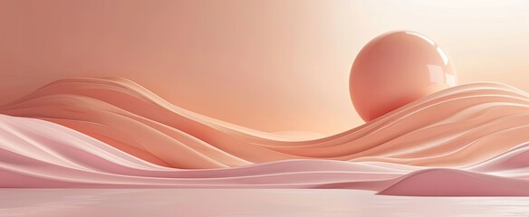 Surreal desert landscape in soft pink hues with a spherical object and stylized sun, creating an ethereal and tranquil scene for product display.