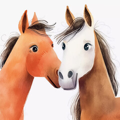 Watercolor portrait of two horses on white background. Cartoon illustration