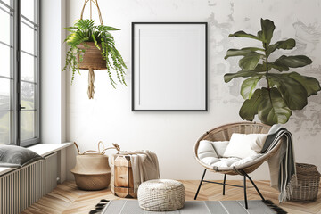 Interior of modern living room with white walls, concrete floor, comfortable sofa and mock up poster frame. 3d rendering. Living room interior in scandinavian style. Beige academia.