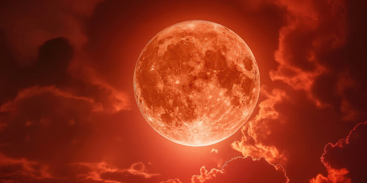 Eerie Halloween scene with a blood-red moon in a mystical, cloudy sky. Cinematic mystery atmosphere, portraying a fantasy world with a closeup of a glowing, ethereal moon casting a red hue.