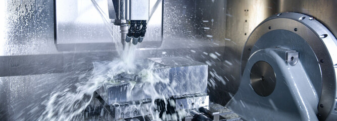 Metalworking CNC milling machine. Cutting metal modern processing Hi-technology machining concept.	