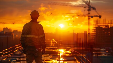 Industrial Worker Overlooking Sunset at Construction Site