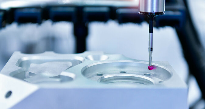Close up automatic coordinate measurement machine (CMM) for inspection high precision engine block during working