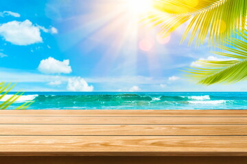 Fototapeta na wymiar summer beach with wood table