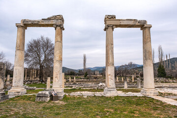 Scenic views from Afrodisias which  was a small ancient  Hellenistic city in the Caria,  was named after Aphrodite, the Greek goddess of love in Aydın, Turkey
