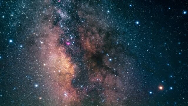 Astrophotography time lapse: the Milky Way. Sharp stars, dark blue night sky and the glowing core of the galaxy  
