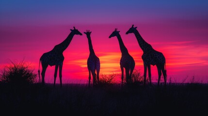 Giraffes Silhouetted Against a Colorful Sunset: Graceful giraffes silhouetted against a vibrant, multicolored sunset on the African savannah.