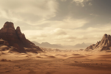Fototapeta na wymiar Sweeping desert landscape with towering dunes and rock formations under a hazy sky, invoking a serene, otherworldly ambiance.