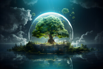 earth with Green Trees Reducing Global Warming Environment Day Collaborate to create green business ,cooperation for sustainable save the world. - obrazy, fototapety, plakaty