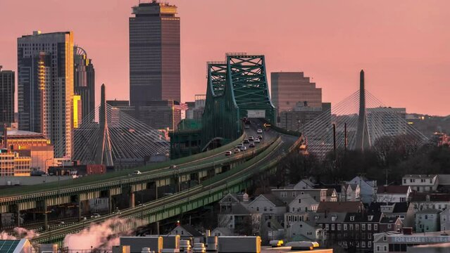 Time lapse of Boston skyline with bridge and express way over the cityscape