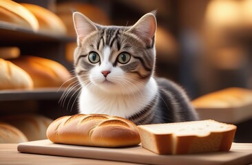 a cute cat character selling bread  - obrazy, fototapety, plakaty
