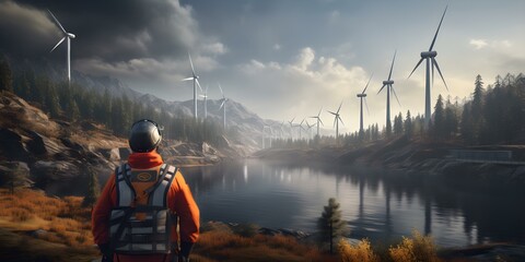 Engineer in reflective gear observes hydroelectric dam amidst scenic wind turbines. Concept Engineering Works, Renewable Energy, Hydroelectric Power, Wind Turbines, Reflective Gear - obrazy, fototapety, plakaty