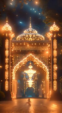 ramadan kareem eid mubarak royal elegant lamp with mosque holy gate with fireworks. 4K Video
