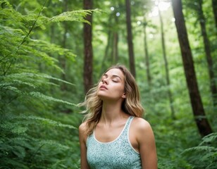A young woman deep breathing by fresh air in a forest