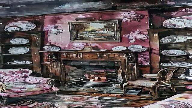 Vintage living room with fireplace, sofa and armchairs. Digital painting.