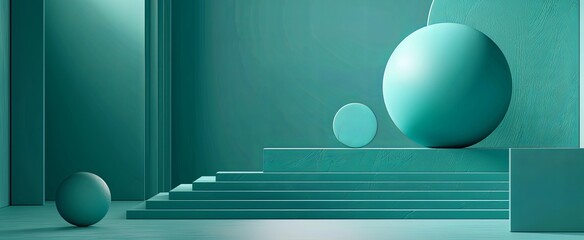 Modern minimalistic design in teal, featuring geometric spheres and podiums, creating a sophisticated and serene space for product showcasing.