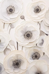 Beautiful anemones white flowers on vertical painting, close-up. Printable botanical wall art in neutral black and white tones