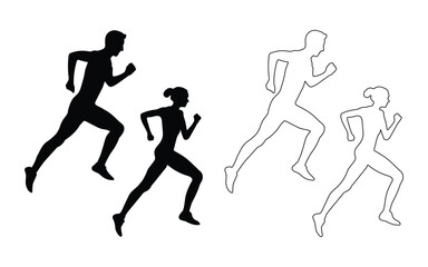 Fototapeta na wymiar Runners, silhouettes and lines of men and women running on a white background. People jogging, full body, side view. Vector illustration.