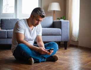 Fototapeta premium A sad upset young man checking mobile phone sitting on the floor in the room at home