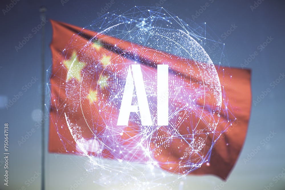 Poster double exposure of creative artificial intelligence icon on flag of china and sunset sky background.