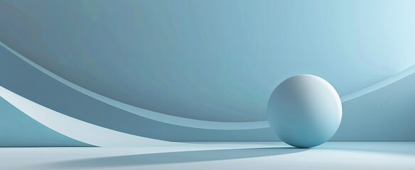 A serene composition with a single sphere resting on a curved, light blue platform, set against a soft gradient backdrop.