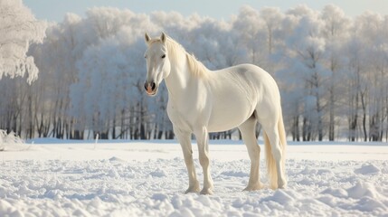 Obraz na płótnie Canvas White Horse in Snowy Forest