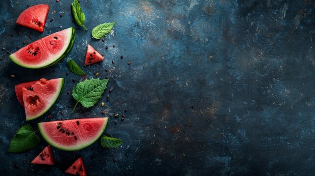 Fresh watermelon. Close up, delicious watermelon slices. Healthy fruit, sweet, refreshing. Isolated on dark background. Room for copy space.