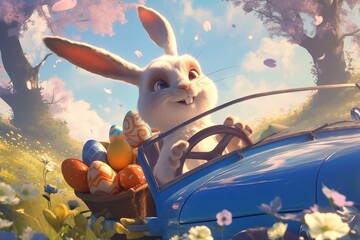 Kind cute Easter bunny carrying a basket of decorated Easter eggs on a blue car - obrazy, fototapety, plakaty