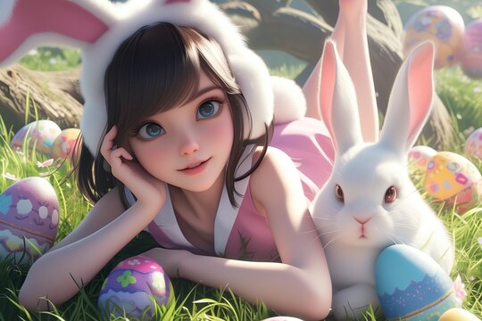 A girl dressed as an Easter bunny lies on the grass next to a bunny and Easter colored eggs under the rays of the spring sun. Easter characters. Easter concept