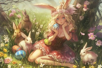 An anime fairy-tale girl with bunny ears sits in a magical meadow with flowers and painted eggs, surrounded by Easter Bunnies. Easter concept