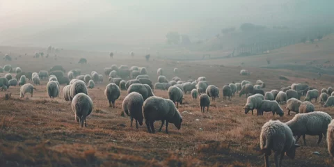 Fotobehang flock of sheep in the fog © Denis