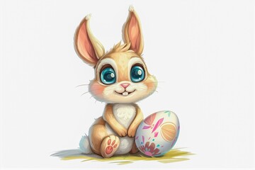 Cute Easter bunny with big eyes and ears and a decorated Easter egg. Isolated Easter character on a white background. Easter concept