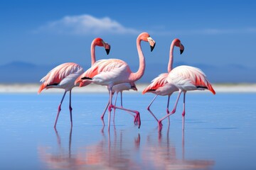 Flamingos walking around the blue lagoon on a sunny day