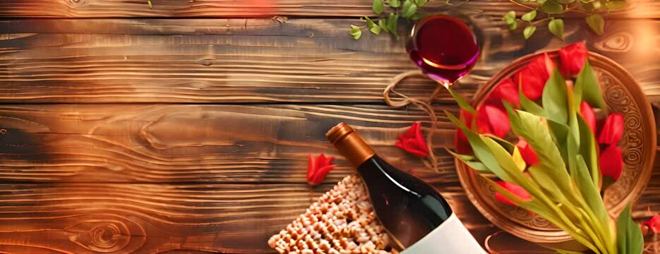 Passover holiday cute banner design with traditional seder plate, matzo and wine. 4K Video