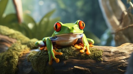 Frog with striking red eyes and vivid green skin rests upon a mossy branch in a lush environment.