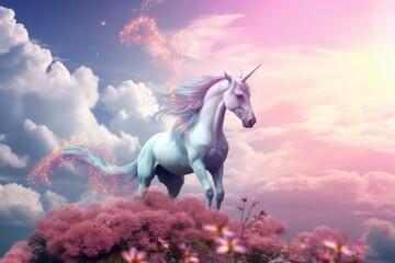 Unicorn with a flowing mane stands atop a flower cliff in the background.