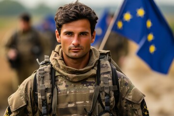 Portrait of a European army soldier in the ranks with selective focus, human enhanced