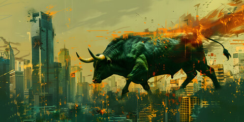 bull man on city background for business concept. Graph Stock Trading, crypto currency