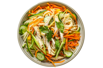 top view of Chinese cold noodle salad with chilled noodles, shredded chicken, cucumber, carrots, and a sesame dressing.