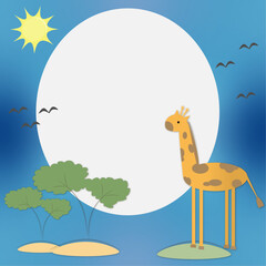 children's greeting card or invitation to a children's party with a giraffe, trees, a sun and birds. vector graphics