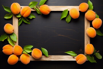 Apricots frame on black background. Spring concept for banner, flyer, card with a copy space