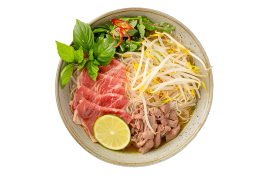 Vietnamese pho with rice noodles, thinly sliced beef, bean sprouts, basil, and lime in a fragrant beef broth.