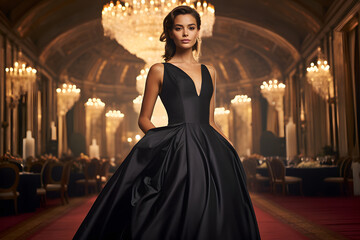 Confident Model in Opulent Ballroom.