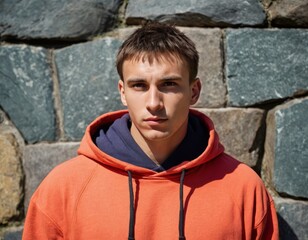 Portrait of young man in hooded sweatshirt with serios face