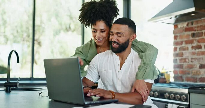Couple, hug and laptop in home with paperwork, tax and results for loan application with smile in kitchen. Man, woman and happy with computer, embrace and documents for investment, finance or savings