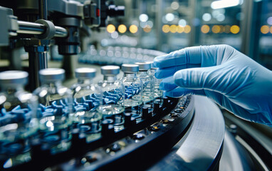 
Gloved hand checks medical vials on a production line in a pharmaceutical factory, emphasizing quality control, health, and safety standards.